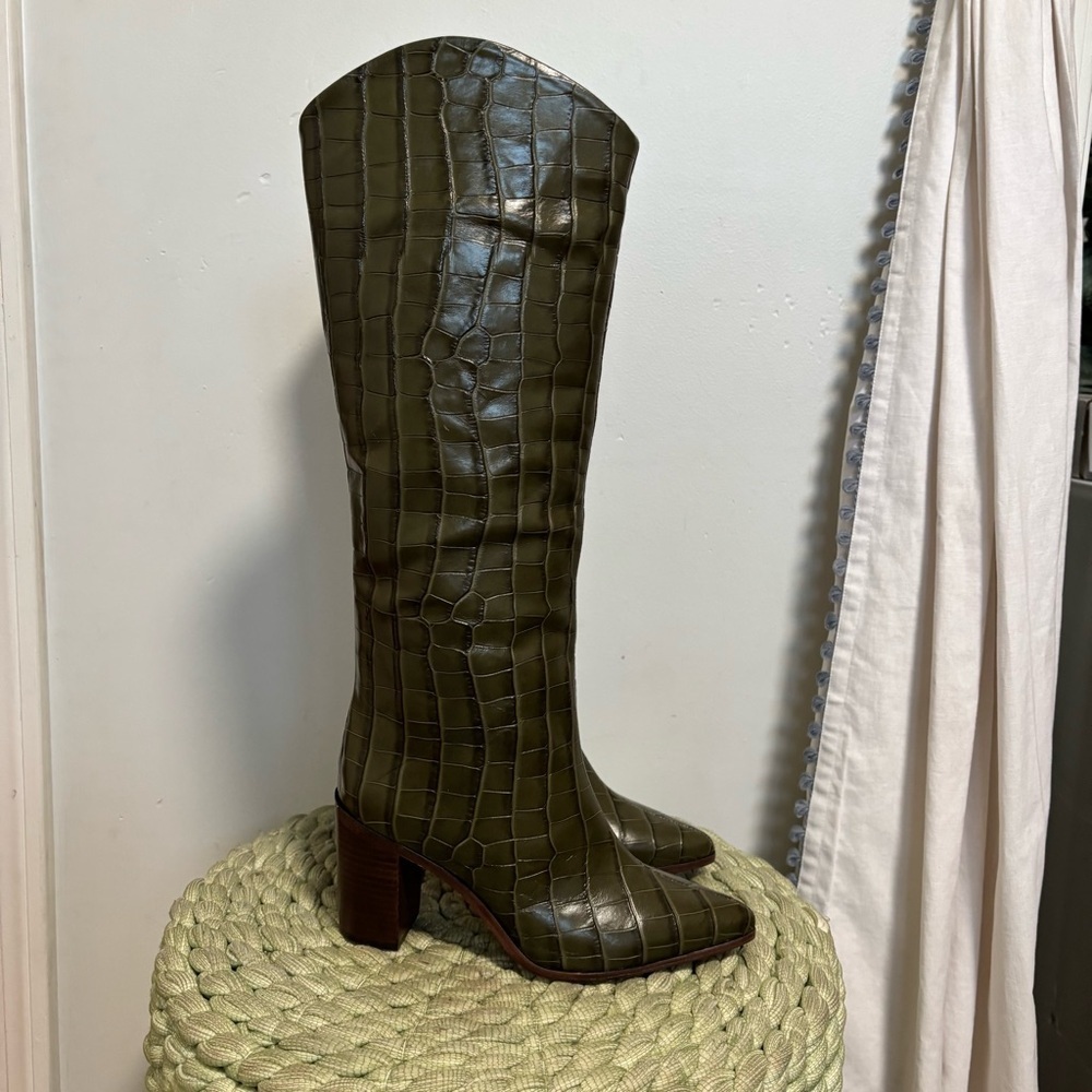 NEW Schutz Maryana Dark Green Leather Croc Block Knee High Boots Size 5.5 - Picture 4 of 12
